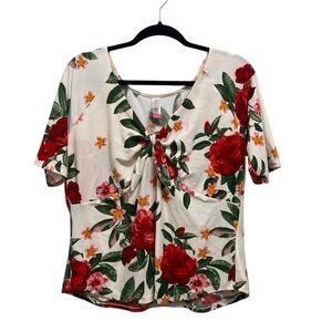 Floral Tie-Front Top - Red and Cream